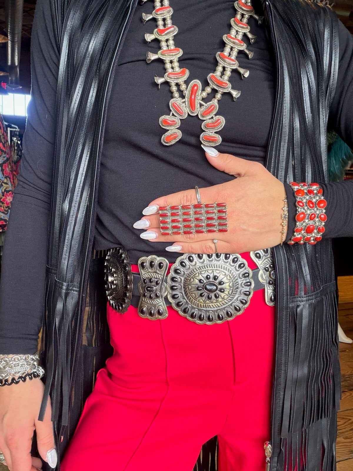 Black Leather/Mesh Layers Of Fringe Vest - VDW3