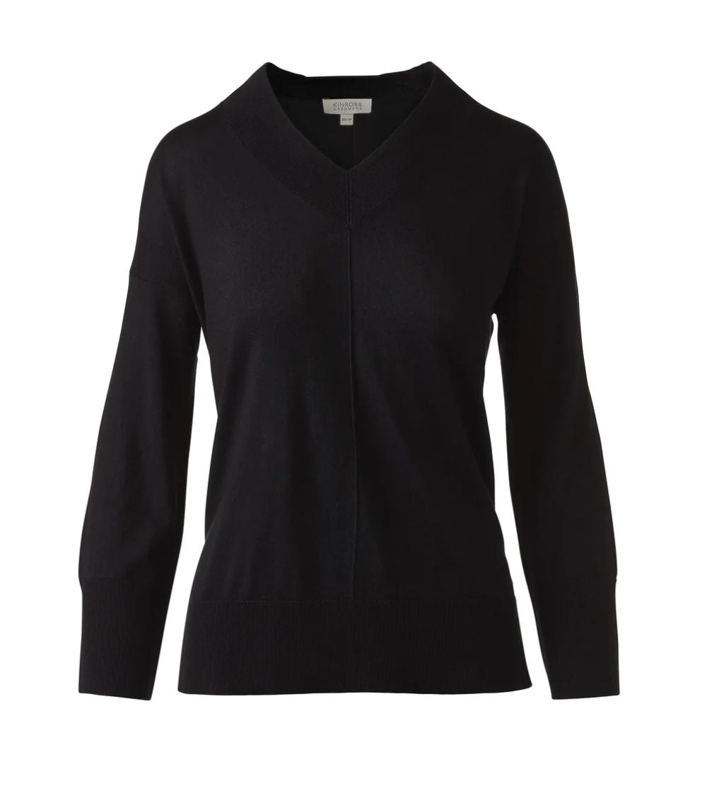 Black Lightweight Vee Cashmere/Silk Sweater - LRSE5V