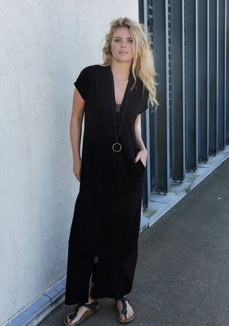 Black Long V-Collar Jersey Dress - Henriette Steffensen - 98067B