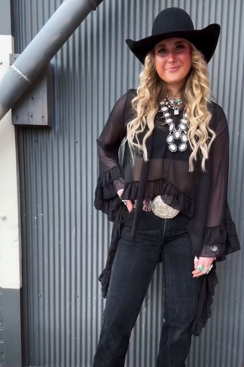 Black Mesh Ruffled High/Low Blouse - 4809BK