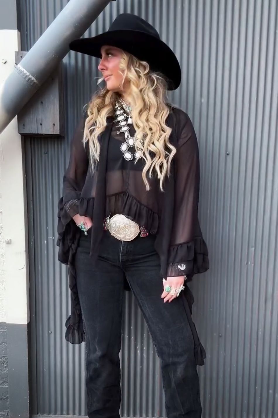 Black Mesh Ruffled High/Low Blouse - 4809BK