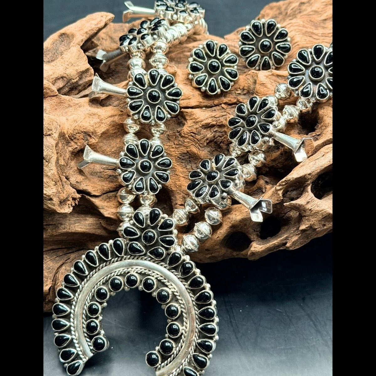 Black Onyx Squash Blossom & Earring Set - SQPD1