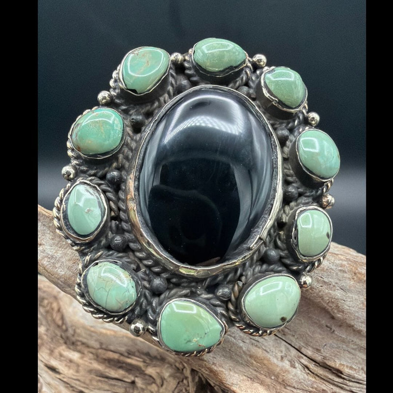 Black Onyx & Turquoise German Silver Ring - RBAR5