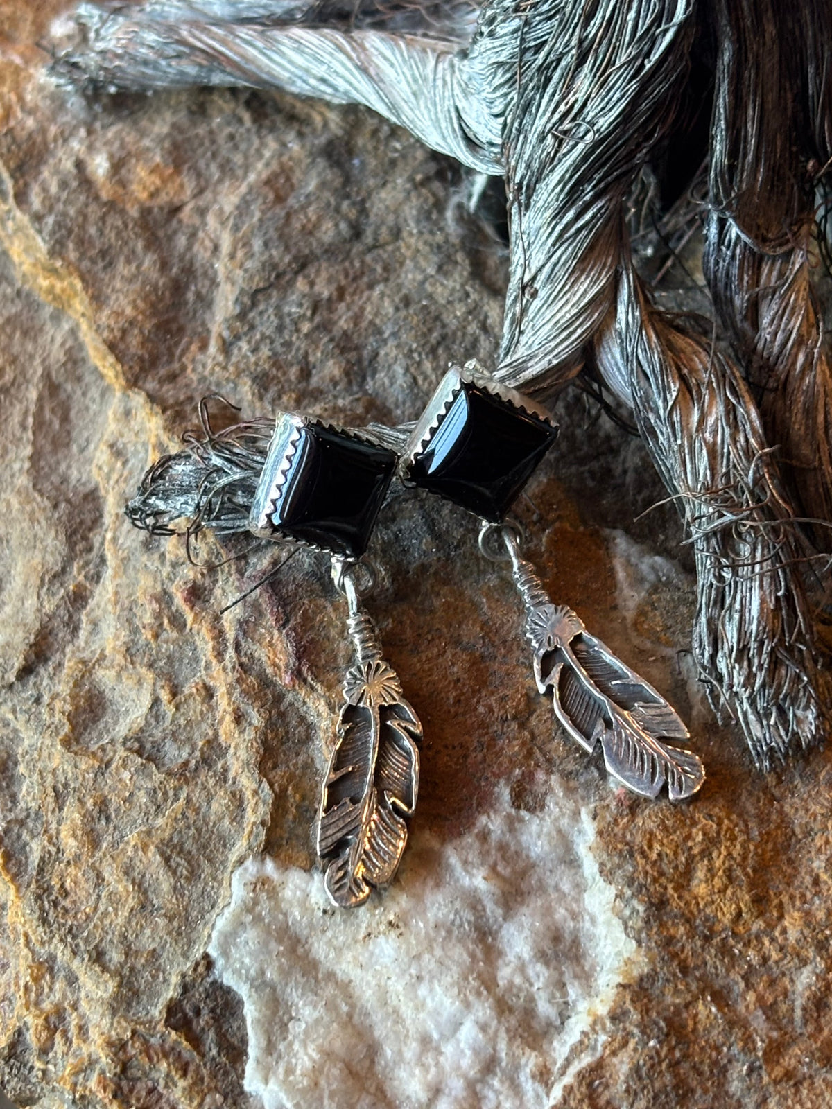 Black Onyx/Sterling Silver Feather Earring - ECJW8