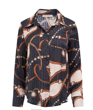 Black Print Hermes Button Down Blouse - 31579B