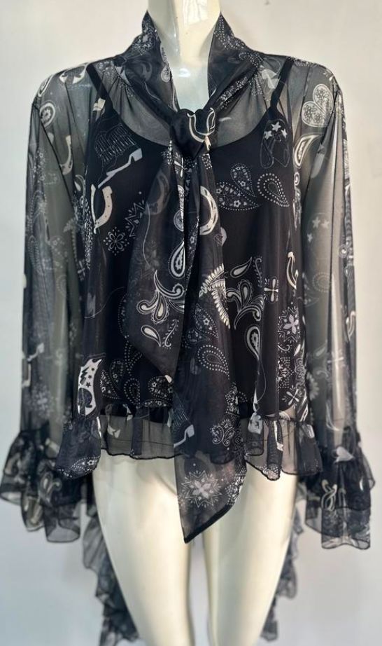 Black Print Mesh Ruffle Blouse - 4809BP