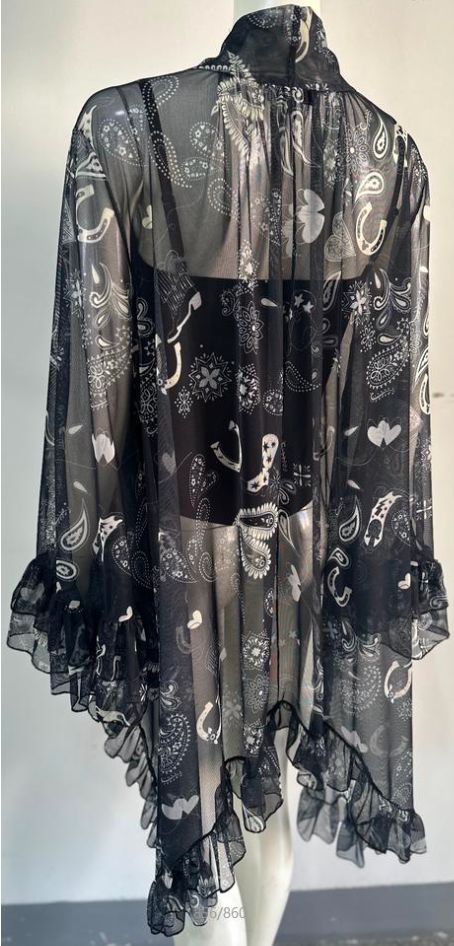 Black Print Mesh Ruffle Blouse - 4809BP