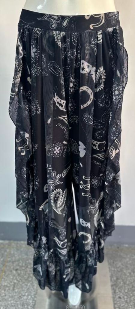 Black Print Mesh Ruffle Pant - 4810BP