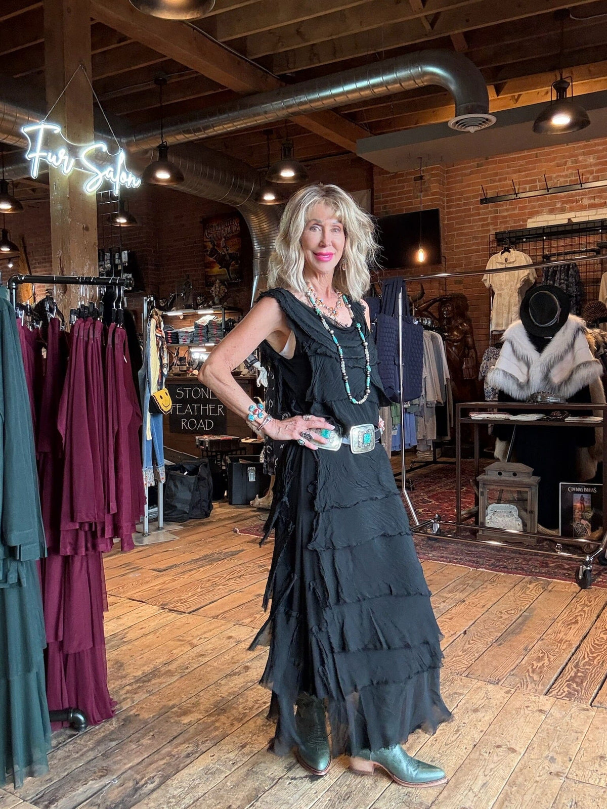 Black Tiered Silk Maxi Dress - DGG2-BK