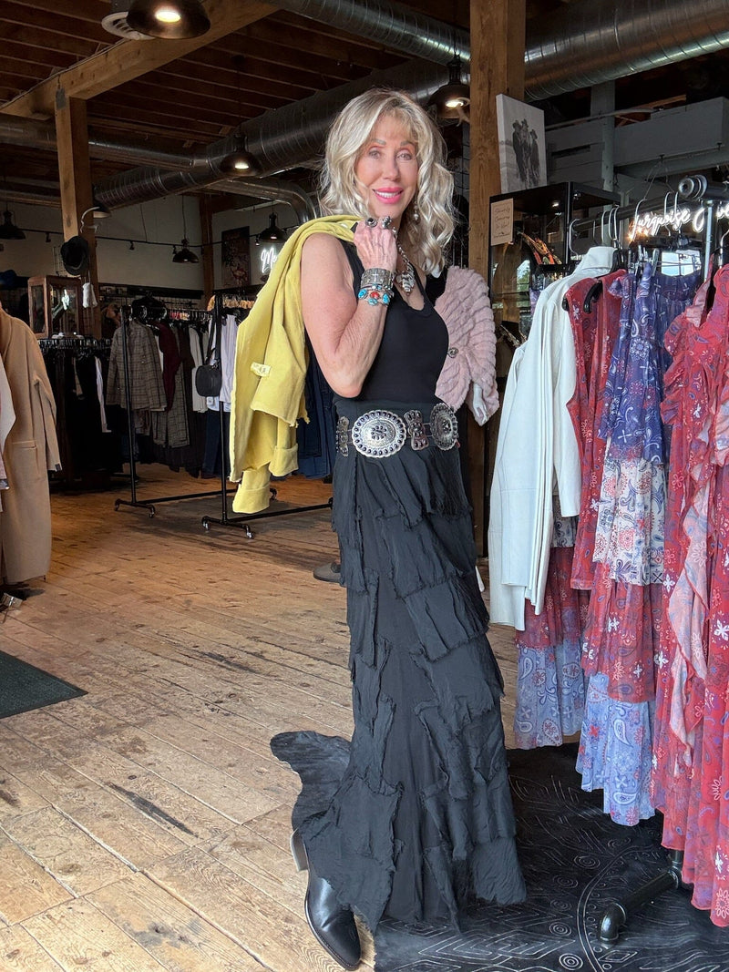 Black Tiered Silk Maxi Skirt - KGG1-BK