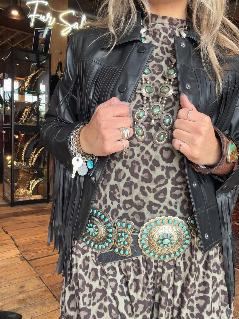 Black Washed Fringed Leather Shania Jacket - 586J423