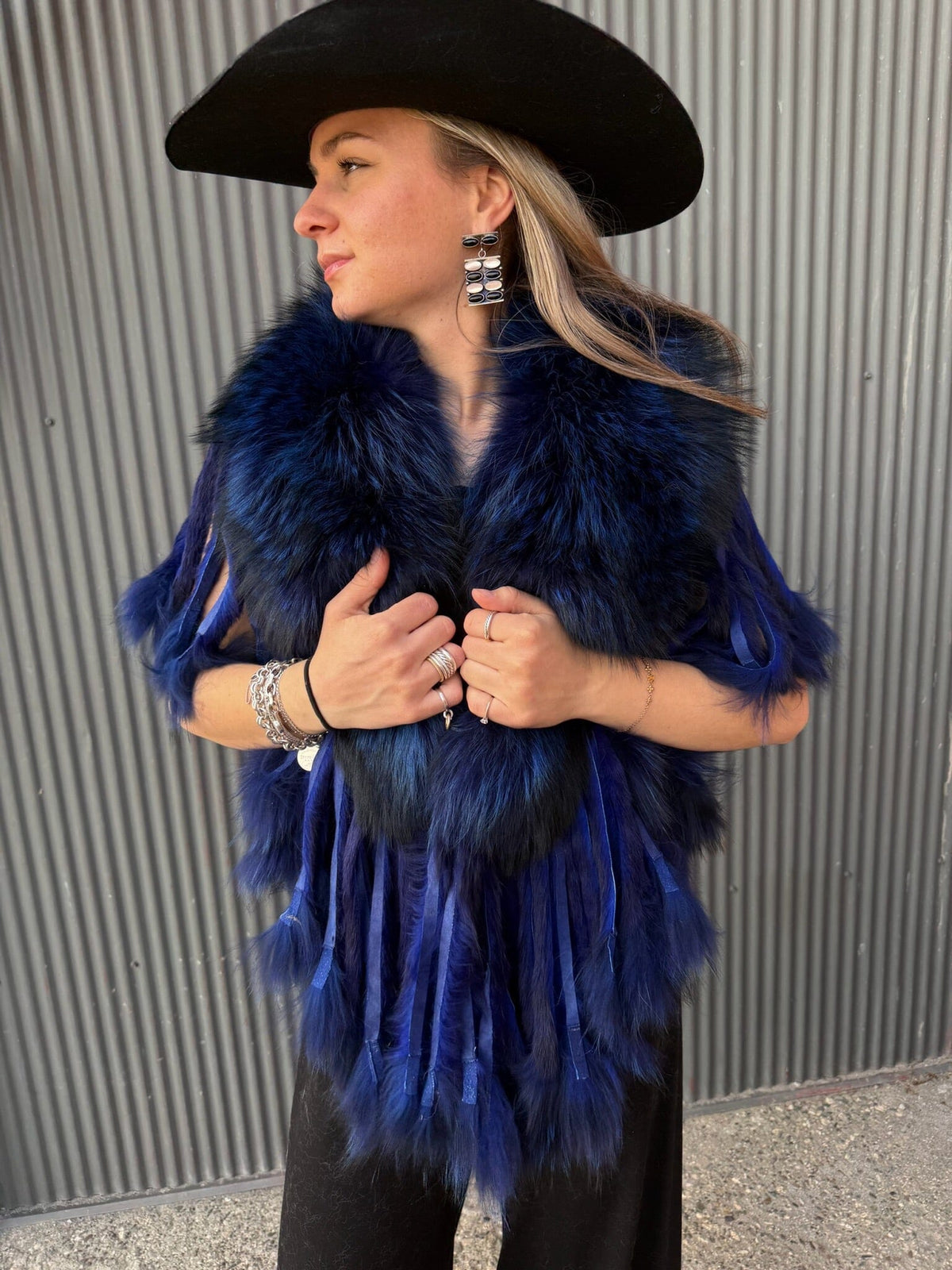 Blue Raccoon Collar With Rabbit Fringe - MKCOLR-BL