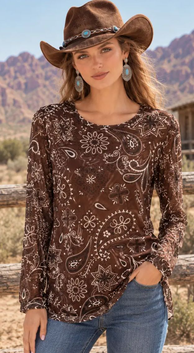 Brown Bandana Long Sleeve Mesh Crew - 4593BW