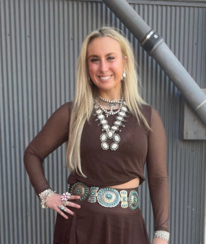 Brown Mesh Long Sleeve Crew - 4593BR