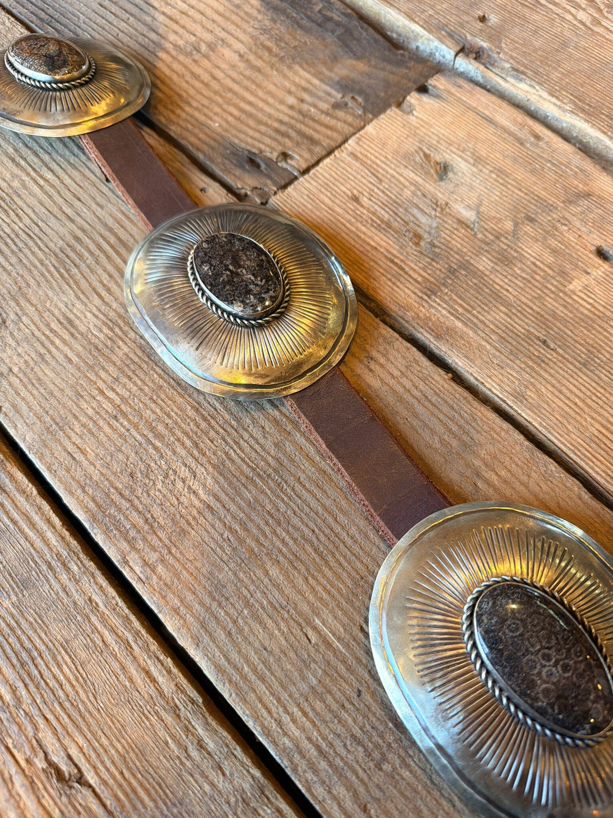 Brown Oval Fossil/German Silver Concho Belt - BBAR196