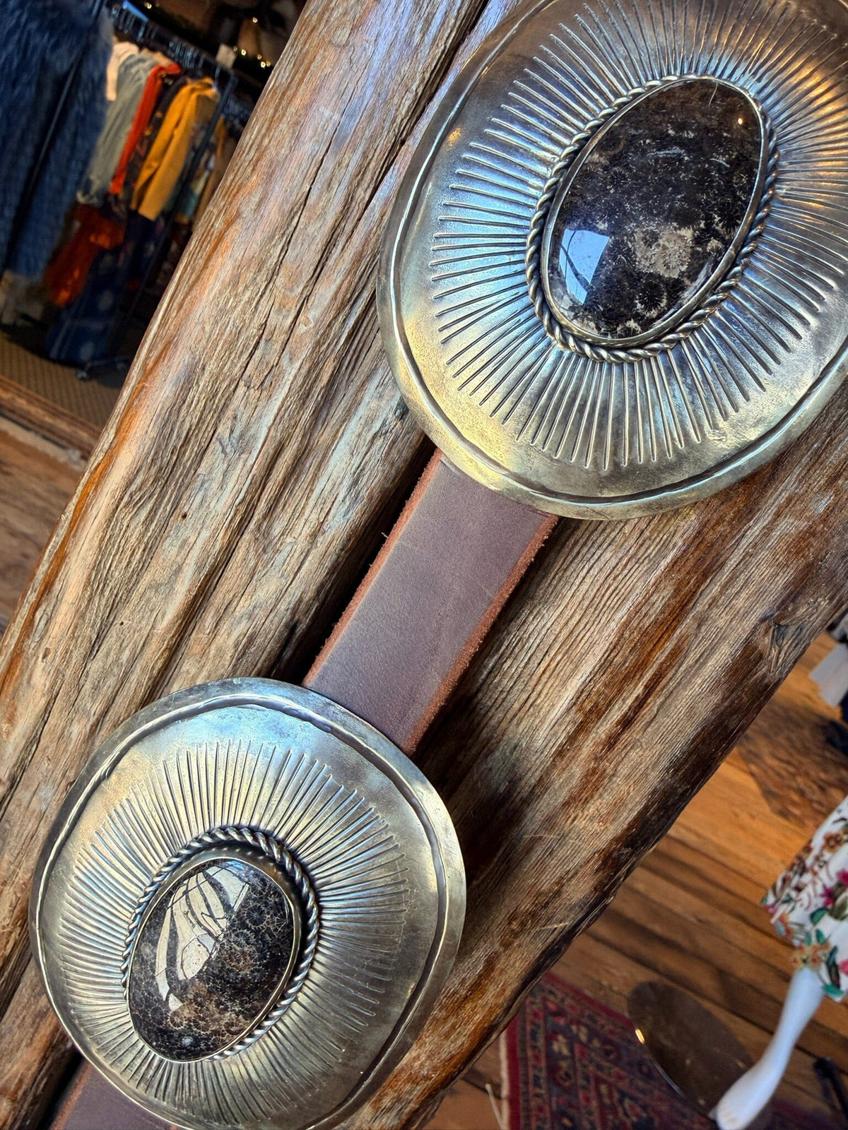 Brown Oval Fossil/German Silver Concho Belt - BBAR196