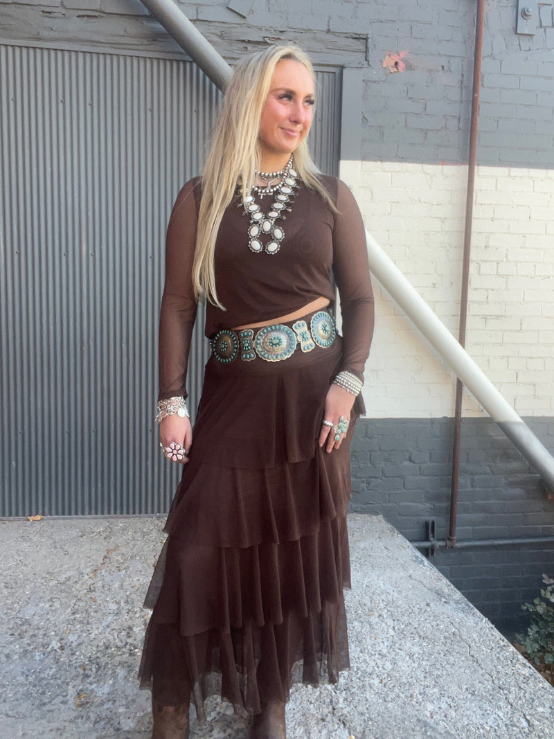 Brown Tiered Mesh Maxi Skirt - 4690BR