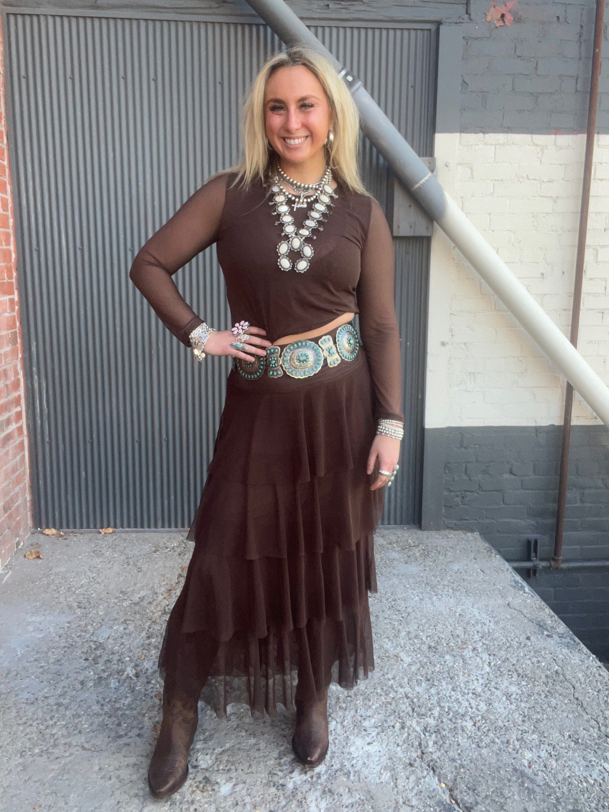 Brown Tiered Mesh Maxi Skirt - 4690BR