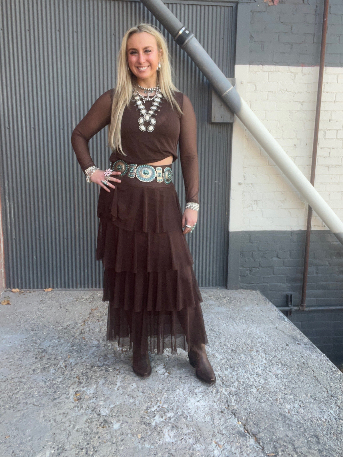 Brown Tiered Mesh Maxi Skirt - 4690BR