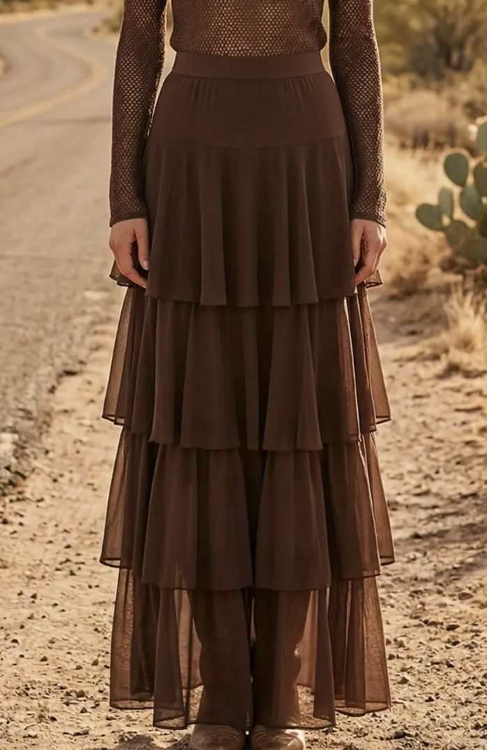 Brown Tiered Mesh Maxi Skirt - 4690BR