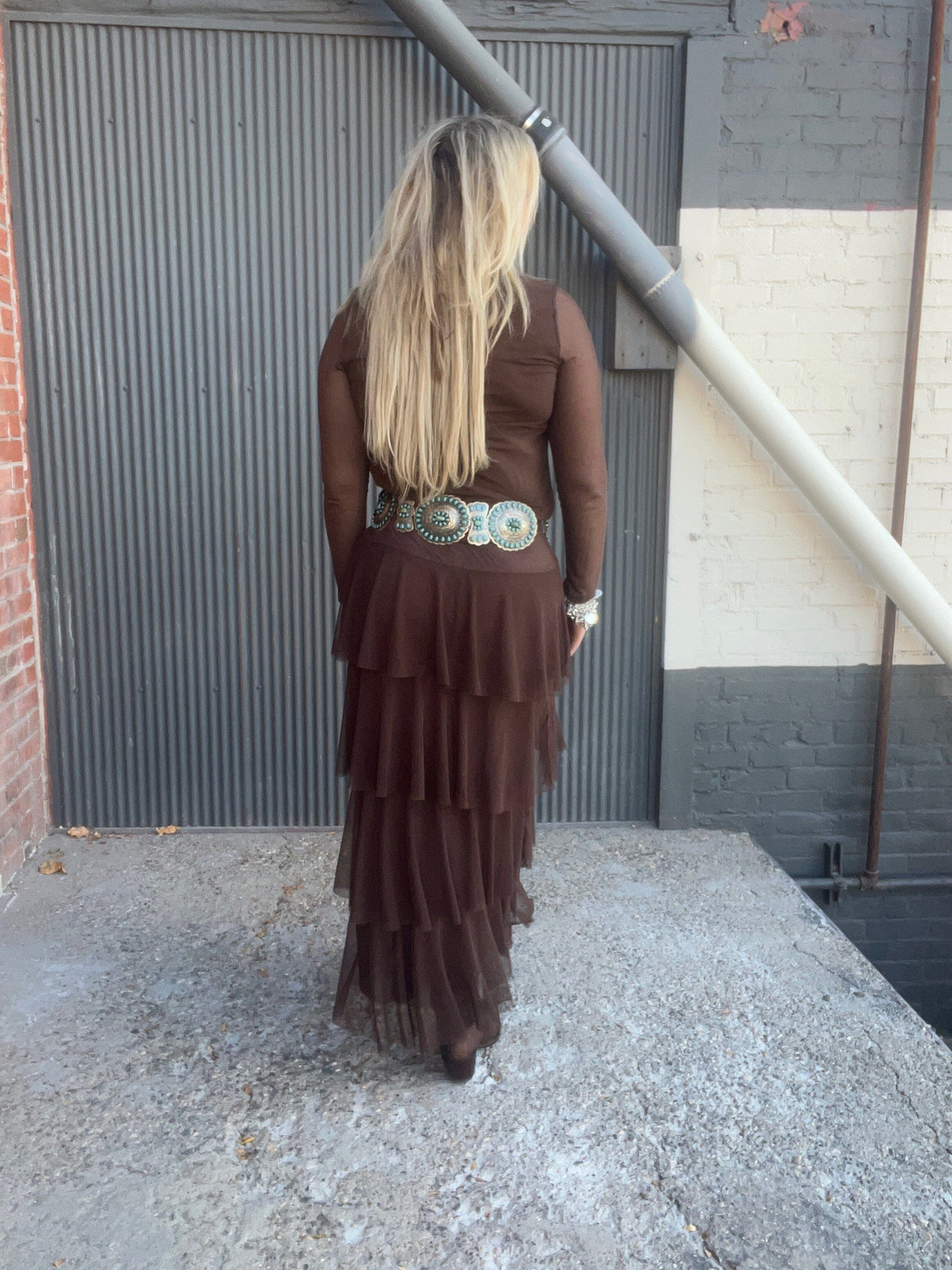 Brown Tiered Mesh Maxi Skirt - 4690BR