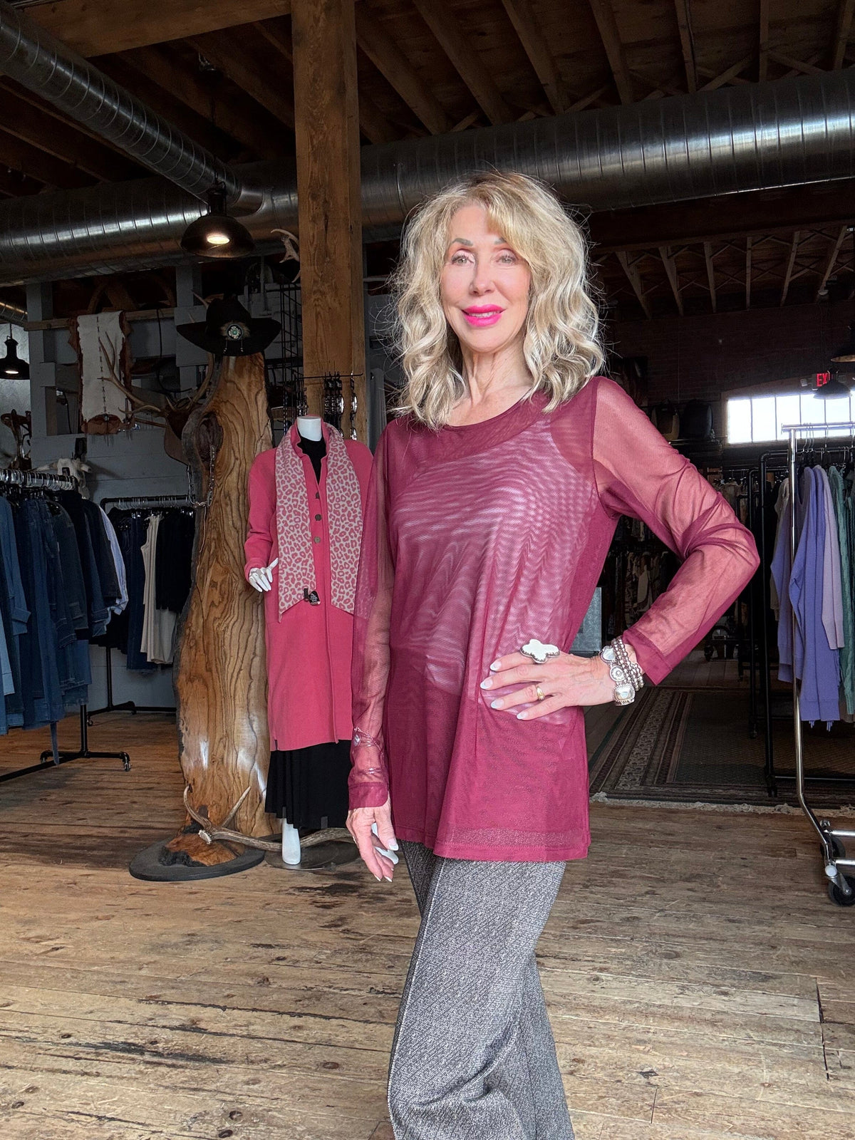 Burgundy Mesh Long Sleeve Top - 4593BU
