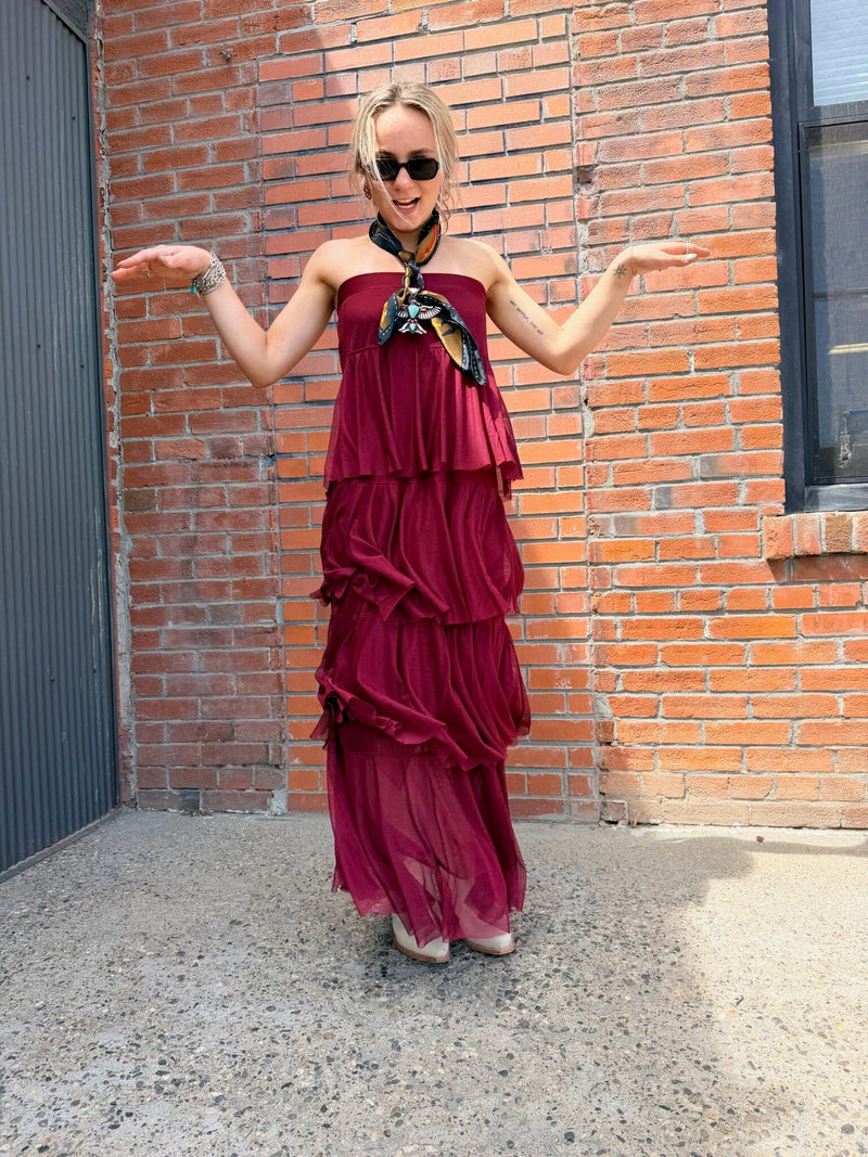 Burgundy Mesh Tiered Maxi Skirt - 4690BU