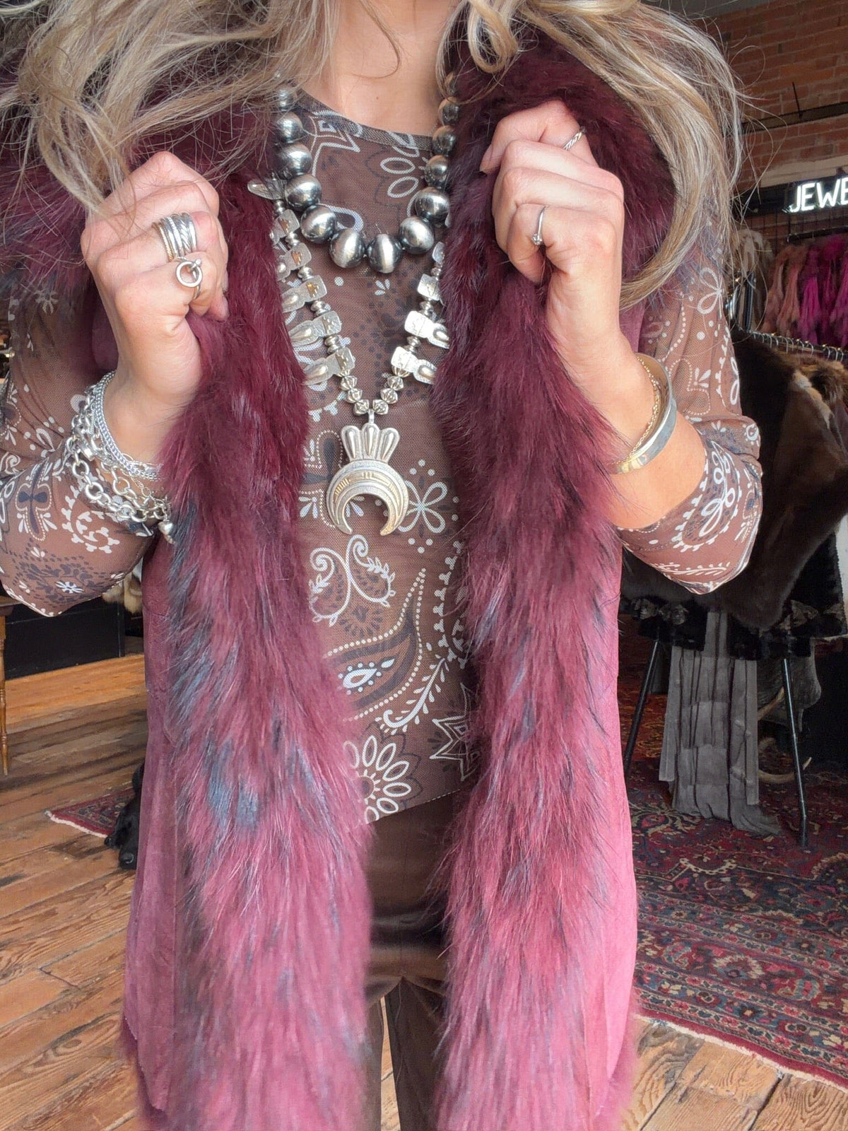 Burgundy Shearling/Raccoon Fur Vest - 2705VU