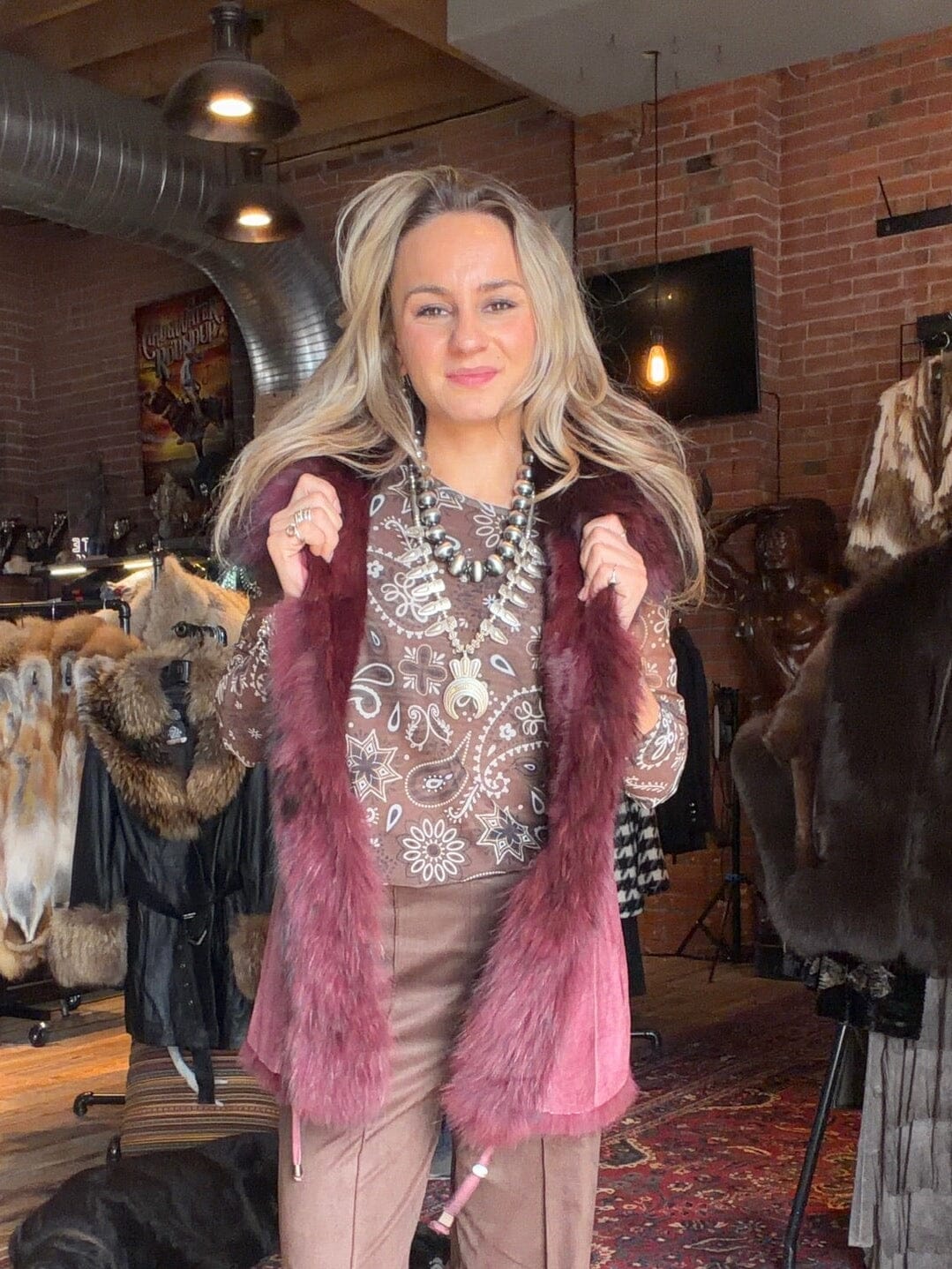 Burgundy Shearling/Raccoon Fur Vest - 2705VU