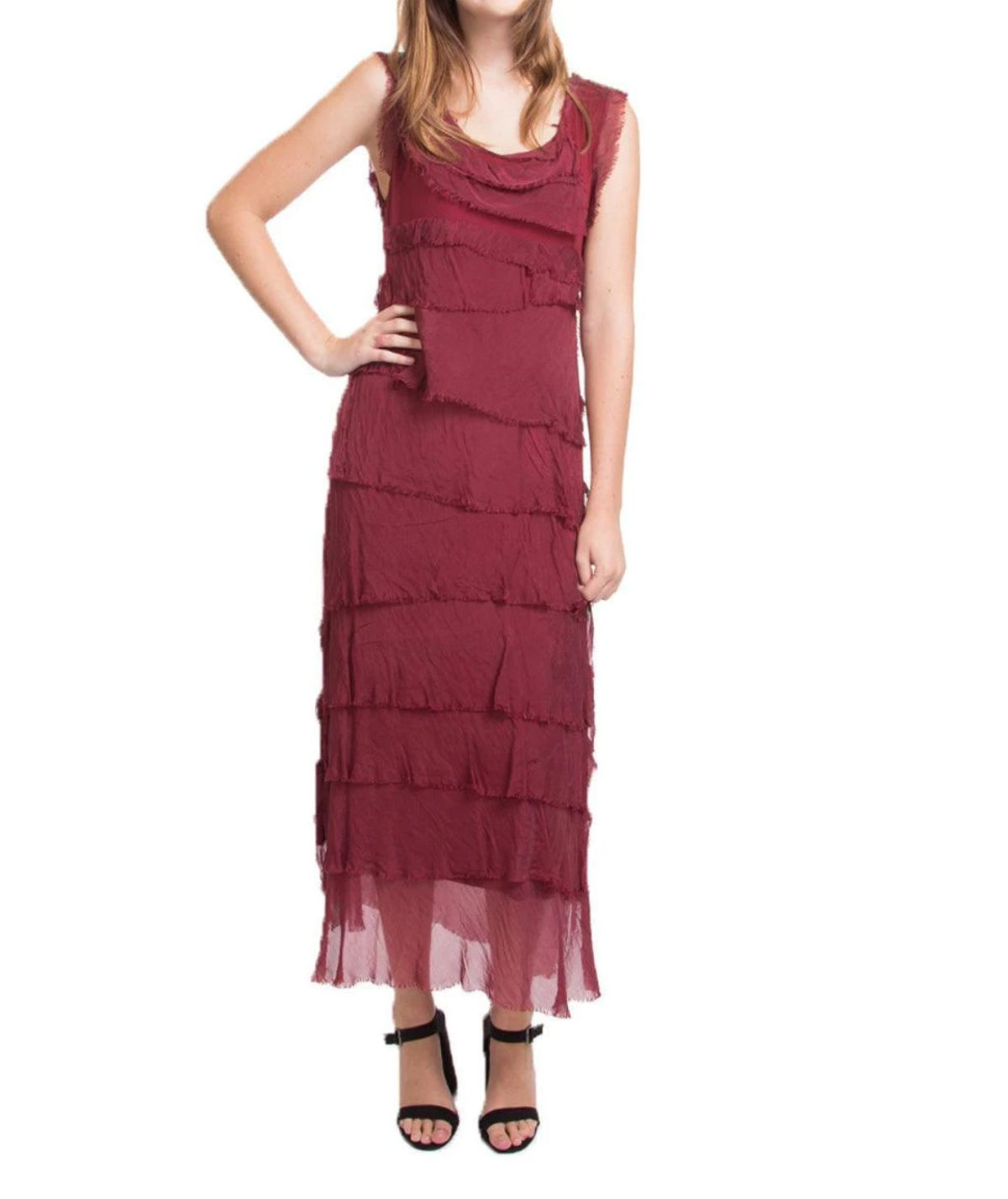 Burgundy Silk Tiered Maxi Dress - DGG2-BU