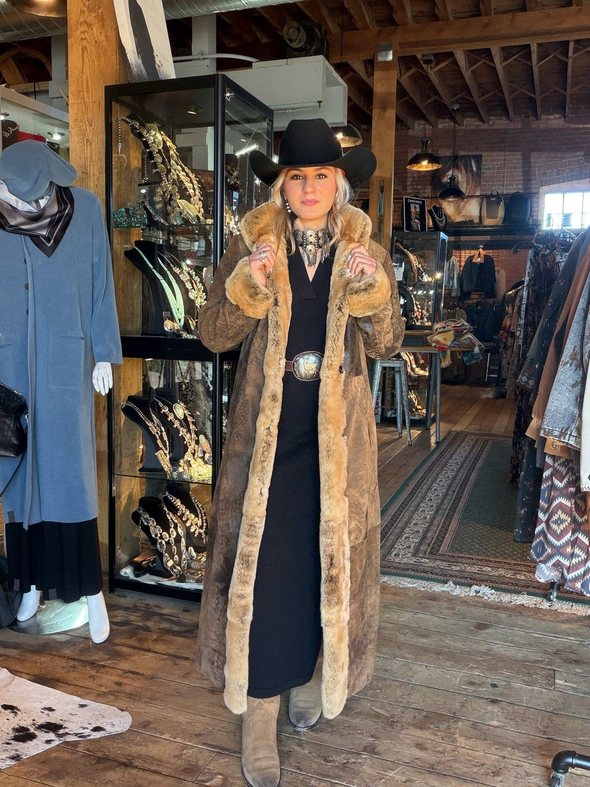 Camel Distressed Leather/Rabbit Coat - BR315