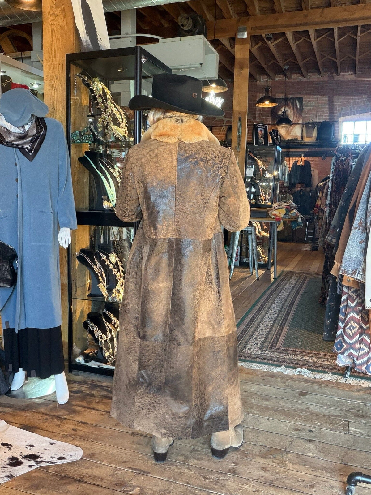 Camel Distressed Leather/Rabbit Coat - BR315