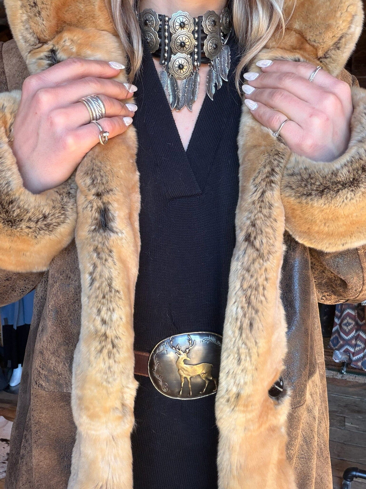 Camel Distressed Leather/Rabbit Coat - BR315