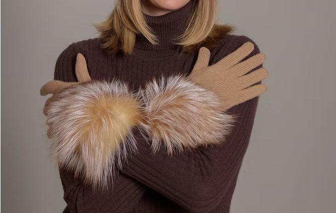 Cashmere/Fox Cuff Glove - Camel - L4111CM
