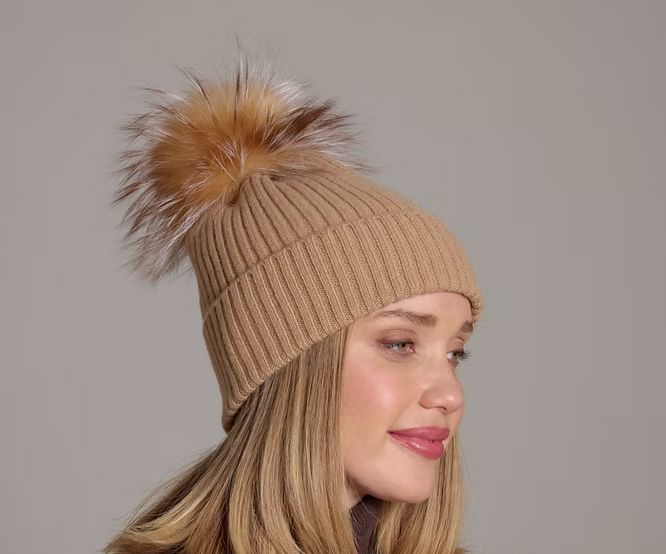 Cashmere/Fox Pom Ribbed Hat - LX4001CM