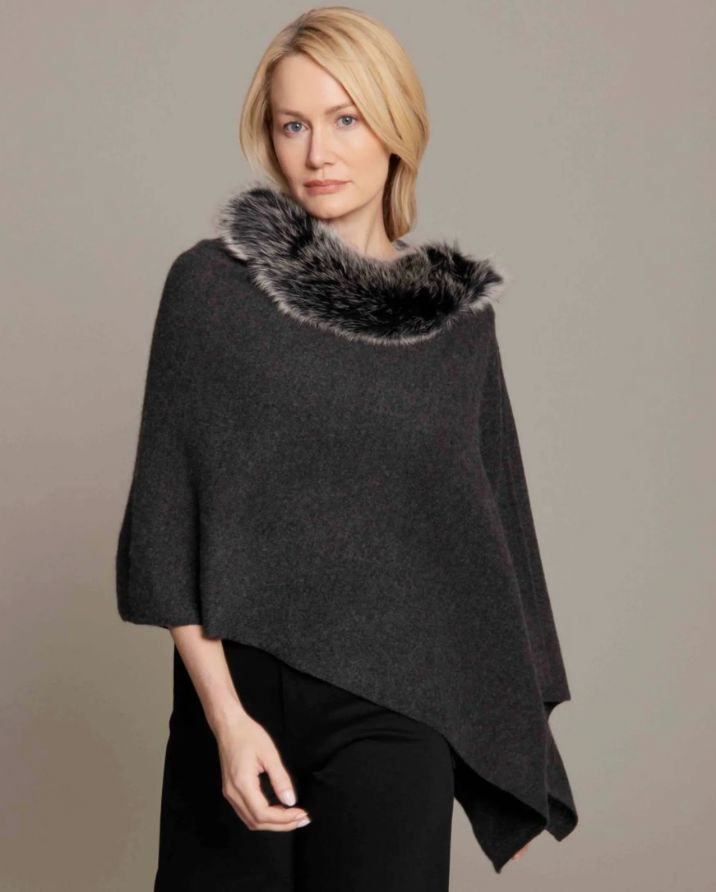Cashmere/Fox Trimmed Topper - Charcoal -LXF8388CH