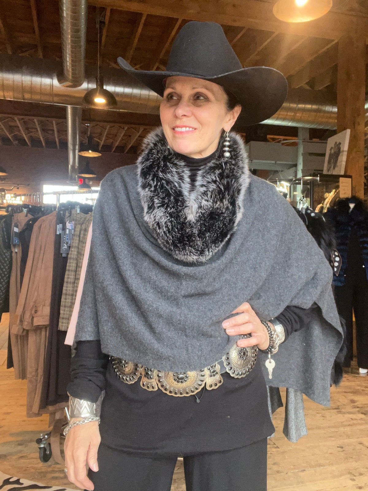 Cashmere/Fox Trimmed Topper - Charcoal -LXF8388CH