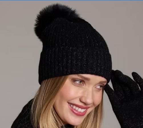 Cashmere/Lurex Fox Pom Ribbed Hat - Black - L4281B