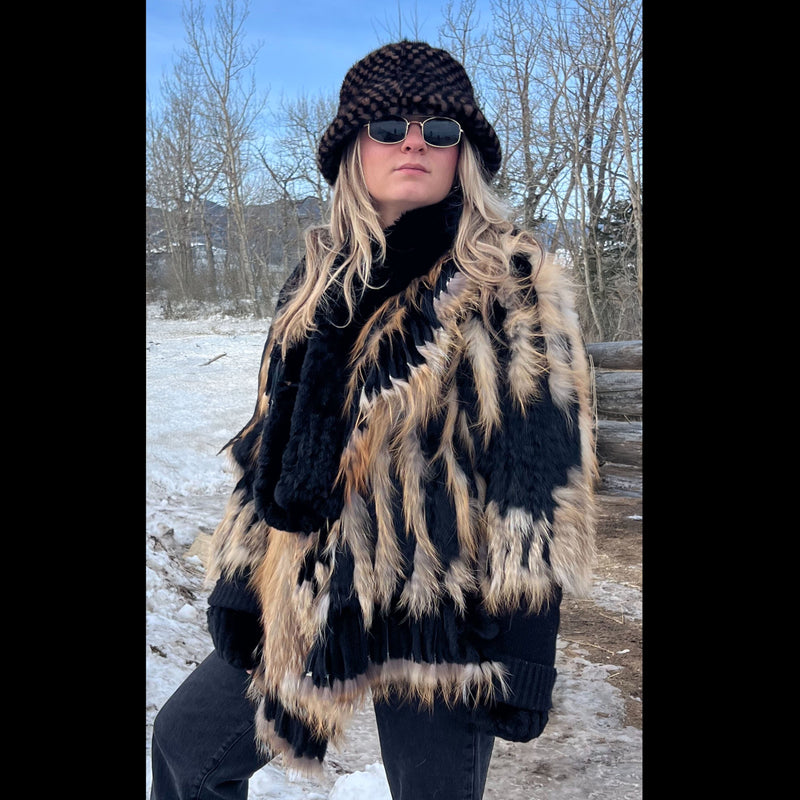 Checked Fur Hat - Black/Brown - HAT-4414