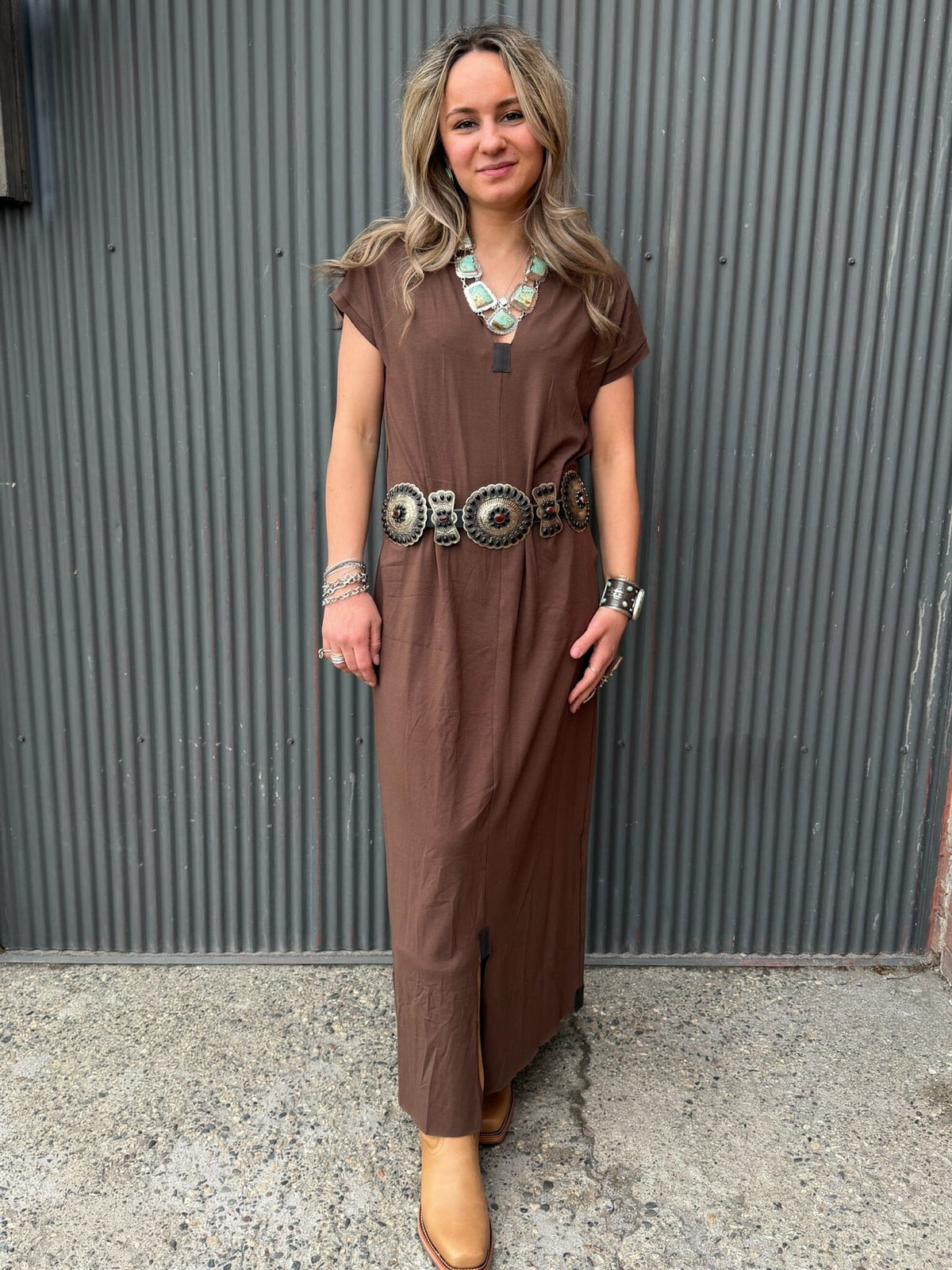 Chocolate Long V-Collar Jersey Dress - Henriette Steffensen