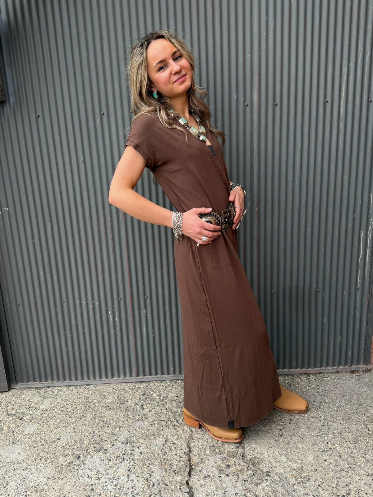 Chocolate Long V-Collar Jersey Dress - Henriette Steffensen - 98067C