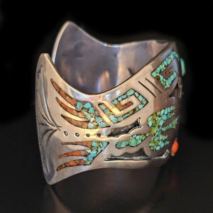 Coral & Turquoise Inlay Sterling Silver Cuff - CVO1