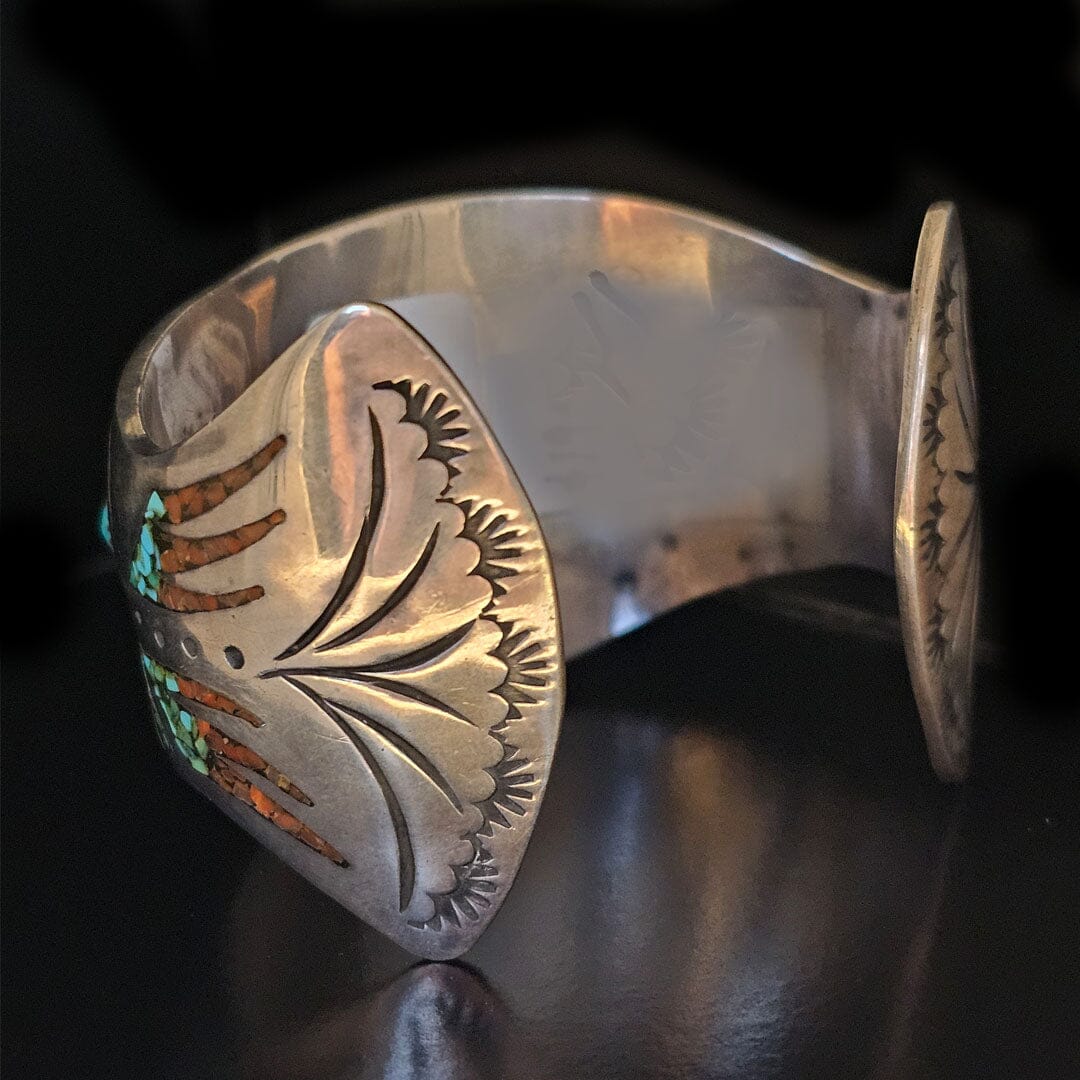 Coral & Turquoise Inlay Sterling Silver Cuff - CVO1