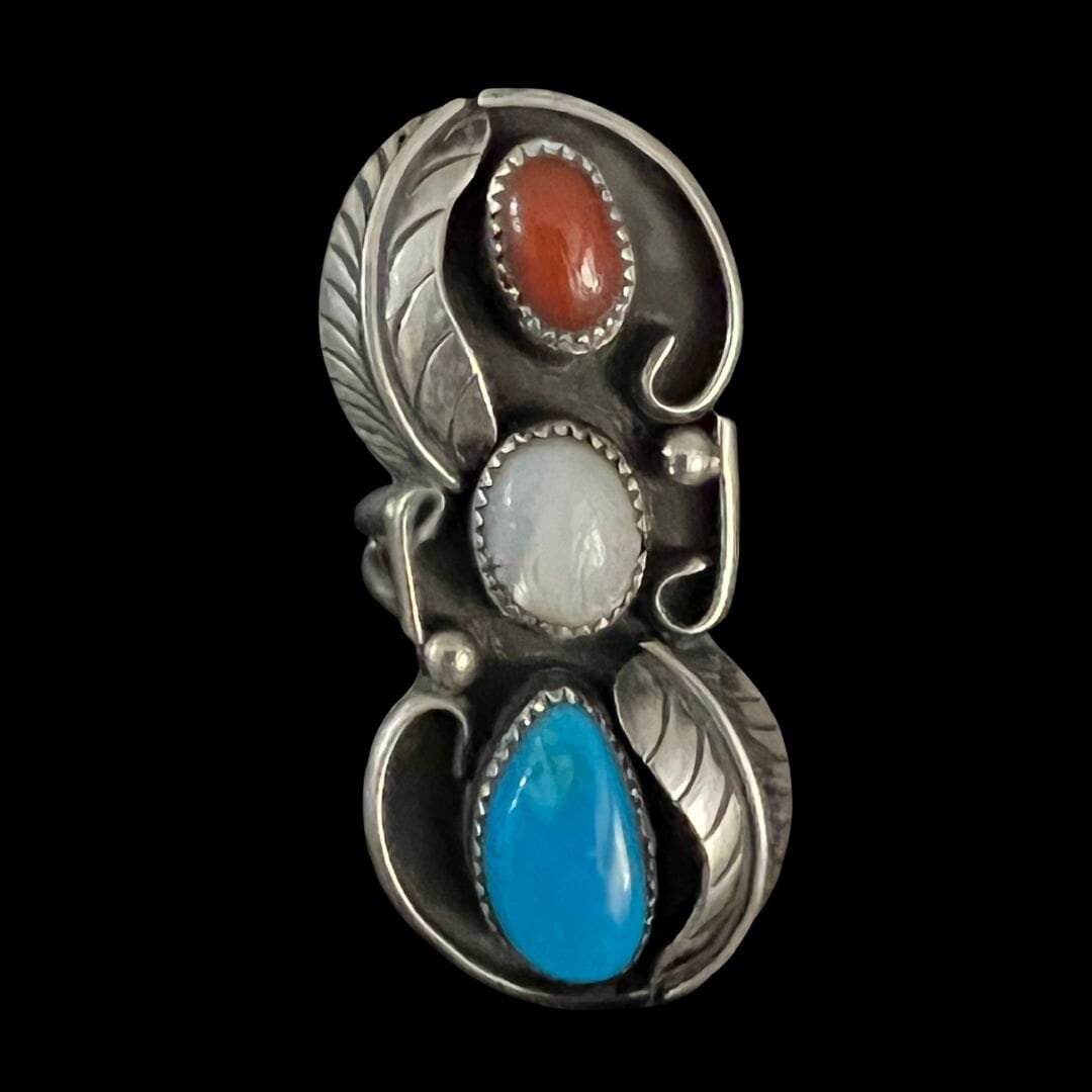 Coral/Mother Of Pearl/Turquoise Sterling Silver Ring - RMH269