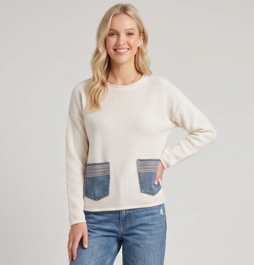 Cream/Denim Detail Pullover - 5970CR