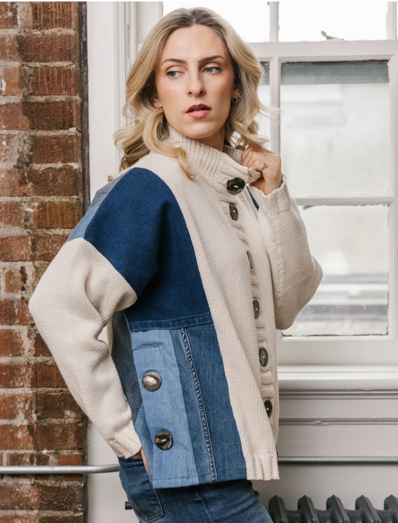 Cream/Denim Knit Cardigan Sweater - 5968CR