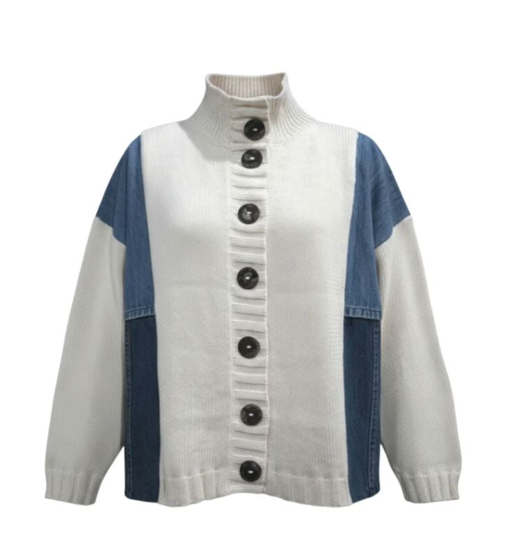Cream/Denim Knit Cardigan Sweater - 5968CR