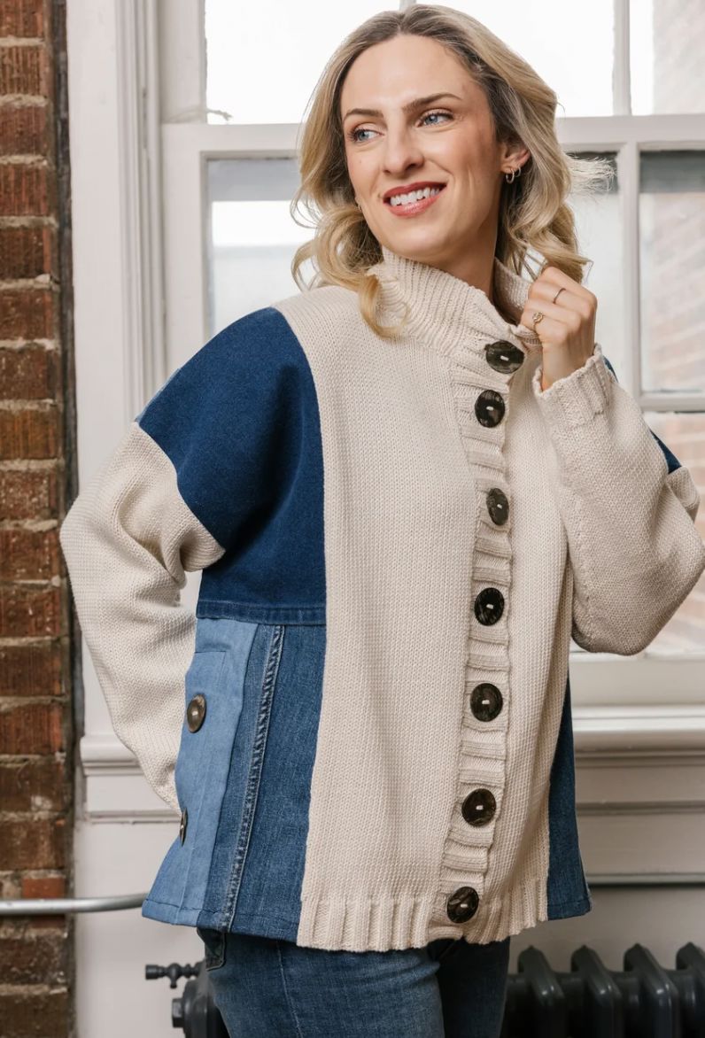 Cream/Denim Knit Cardigan Sweater - 5968CR