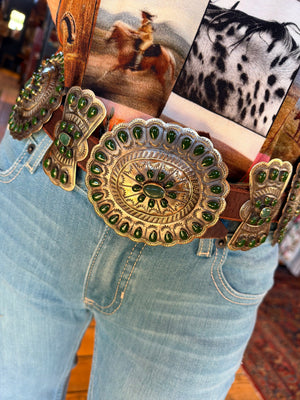 Dark Green German Silver/Enamel/Stone Concho Belt - BBAR37