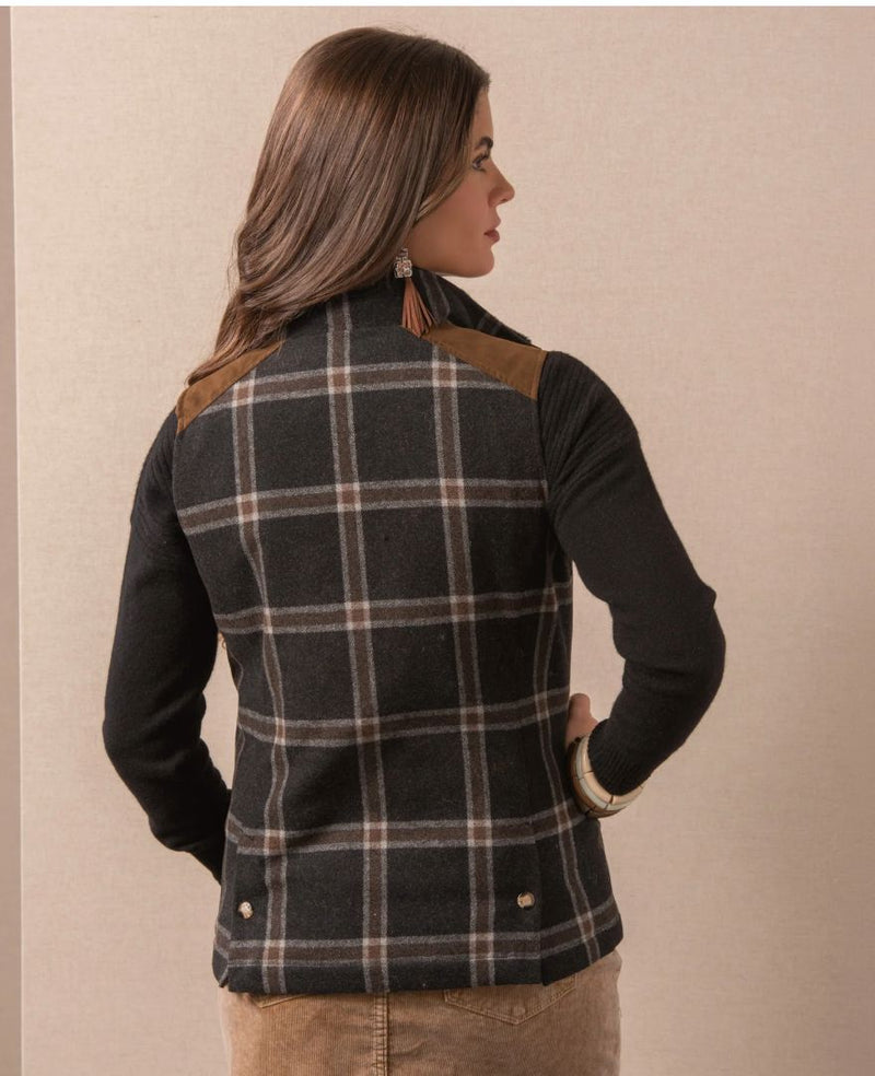 Dark Grey Plaid Wool/Rabbit Fur Collar Vest - CSHDG